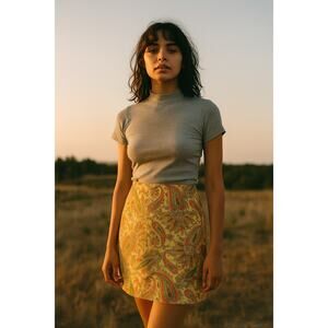 Vintage 60s Linen Skirt Paisley Print High Waist Mod Mini Skirt XS/S